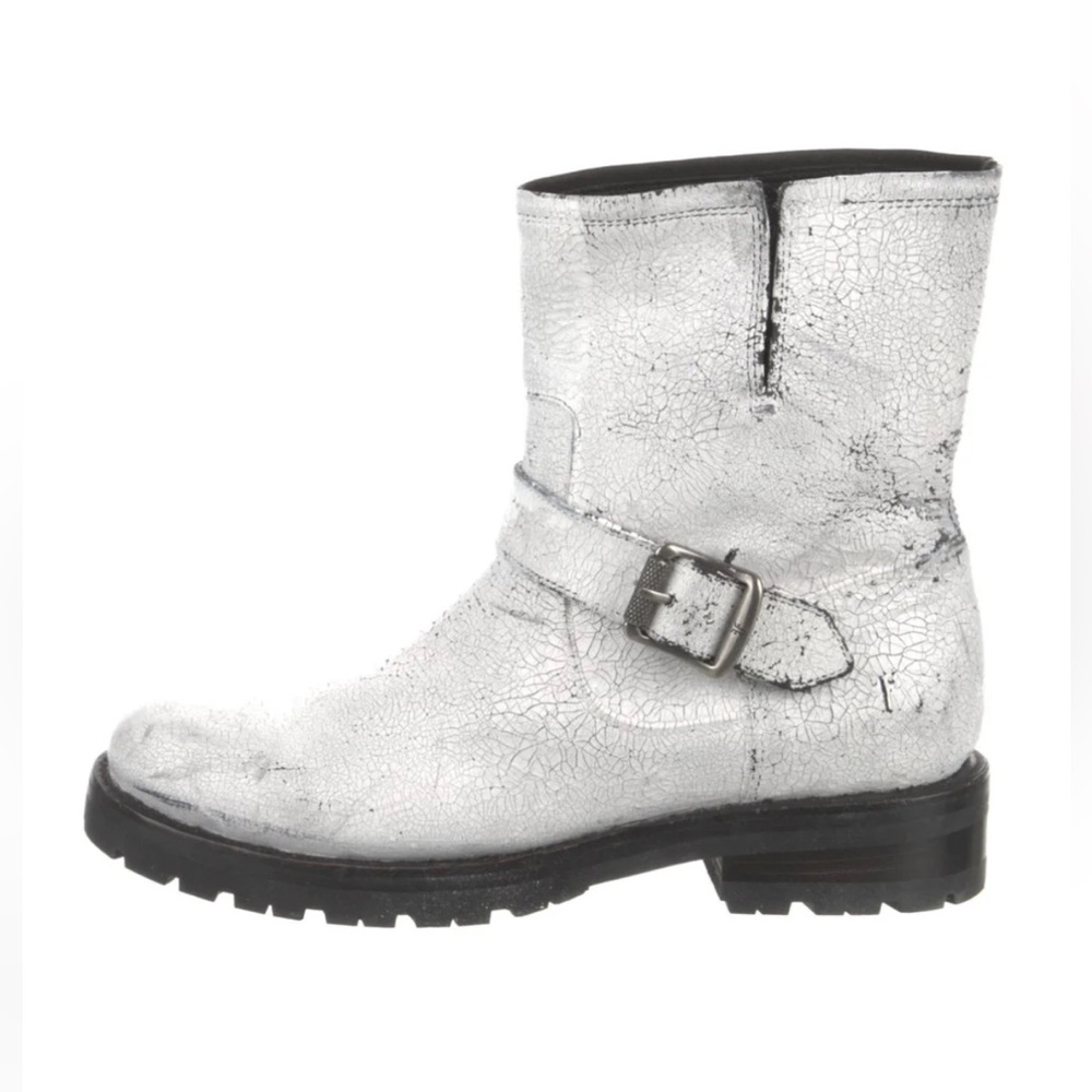 Frye Metallic Silver Cracked Leather Engineer Boot